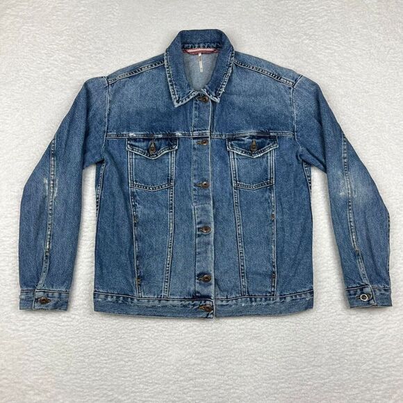 Free‎ People Jacket Womens XS Blue Wash Denim Trucker Button Up Distressed - Picture 1 of 14